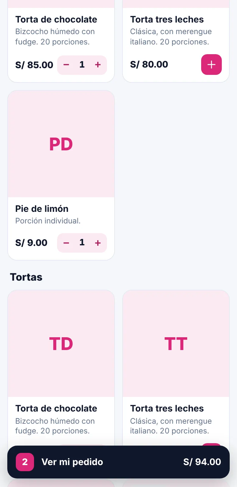 Catálogo de una pastelería con carrito de compras